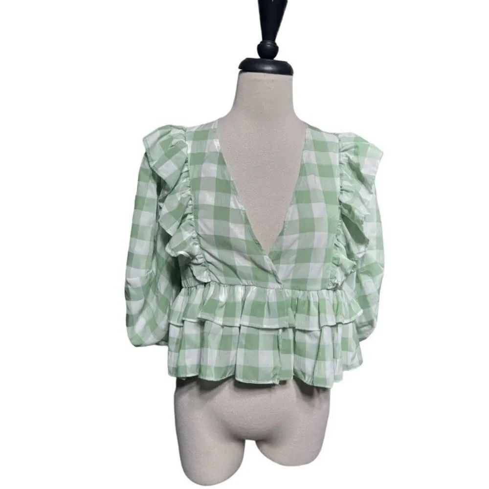 Olivaceous Short Puffy Sleeve Empire Ruffled Waist Gingham Blouse Size M